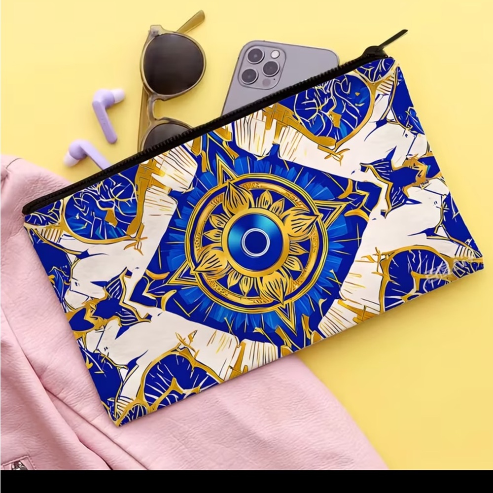 Blue Gold Geometric Clutch Evil Eye Makeup Bag, Designed w/a Demon Eye Theme NW